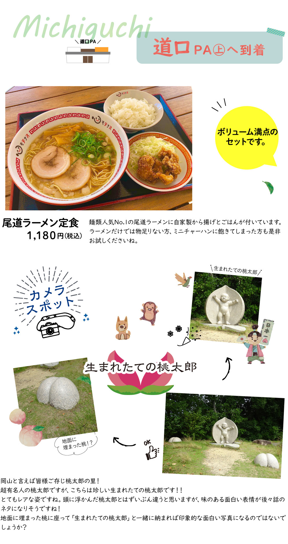 道口PA㊤へ到着尾道ラーメン定食1,010円(税込)麺類人気No.1の尾道ラーメンに自家製から揚げとごはんが付いています。ラーメンだけでは物足りない方、ミニチャーハンに飽きてしまった方も是非お試しくださいね。カメラスポット岡山と言えば皆様ご存じ桃太郎の里！超有名人の桃太郎ですが、こちらは珍しい生まれたての桃太郎です！！とてもレアな姿ですね。頭に浮かんだ桃太郎とはずいぶん違うと思いますが、味のある面白い表情が後々話のネタになりそうですね！地面に埋まった桃に座って「生まれたての桃太郎」と一緒に納まれば印象的な面白い写真になるのではないでしょうか？