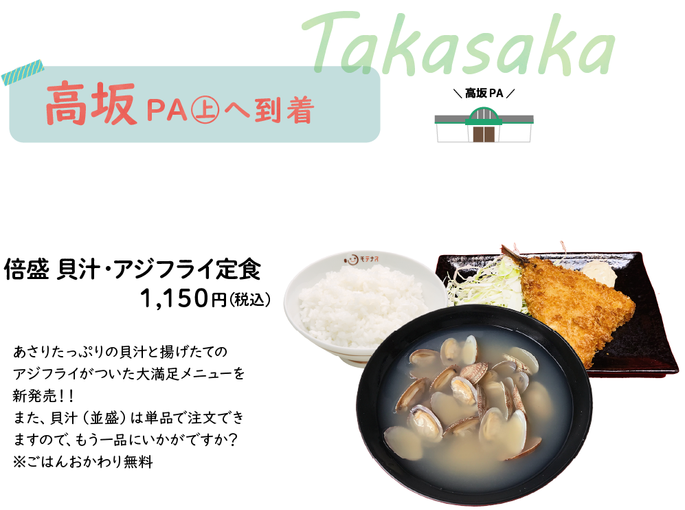 高坂PA㊤㊦あさりたっぷりの貝汁と揚げたてのアジフライがついた大満足メニューを新発売！！また、貝汁（並盛）は単品で注文できますので、もう一品にいかがですか？※ごはんおかわり無料